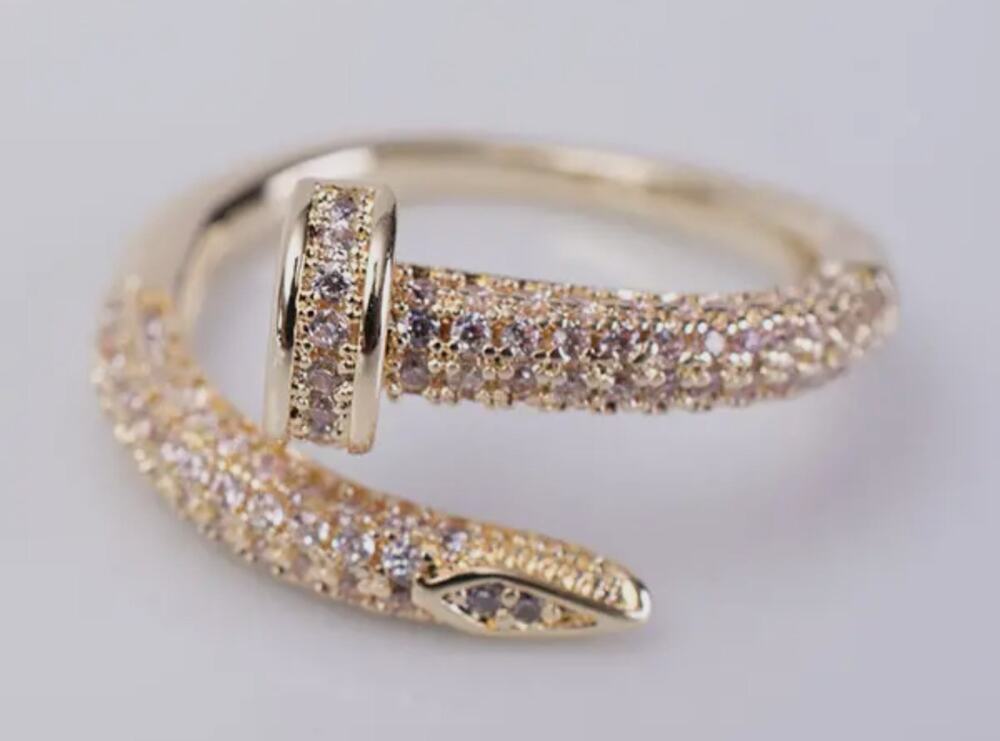 Gold & Crystal Pave Nail Ring Size 8 18 K Gold Plated